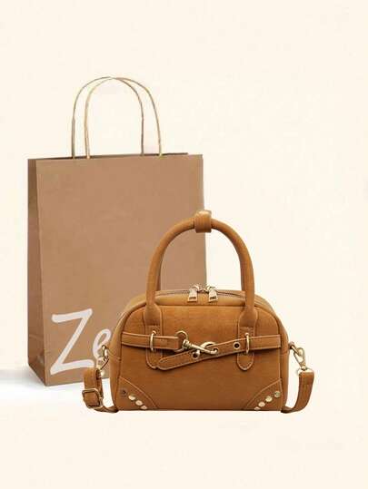 Fashionable Minimalist Solid Color Retro Niche Design Rivet Decor Bowling Bag, Versatile Handbag, Korean/European Style Luxury Pillow Bag, Suitable For Commuting, Shopping, Gifting Girlfriend, Vacation, Shoulder & Crossbody Bag For Women