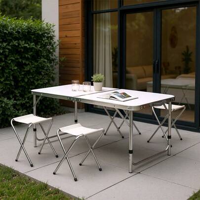 LIVINGANDHOME White Portable Height Adjustable Camping Folding Table With 4 Stools Set,  Lightweight Durable Aluminum Frame, MDF Tabletop & Breathable Oxford Cloth Stool Seats, Non-Slip Footpads, Tool-Free Quick Setup, Foldable Compact For Camping, Picnic & Garden Gatherings,3 Adjustable Heights (55/62/70cm)