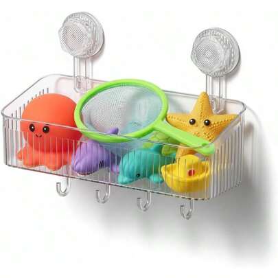 Bath Toy Storage Basket, Plastic Clear Bath Toy Holder Suction Cup With 4 Hooks No-Drilling Bath Caddy Tray For Toys Quick-Drain-Drying Anti Mould Organiser For  Adults World Book Day
