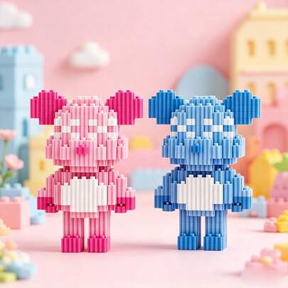 Cartoon Bear Building Blocks DIY Handmade Small Particle Toy, Creative Building Blocks Bear Decor, Assembling Toy, Holiday Gift, Building Block Bear, Small Particle Assembly Model, Home Decor