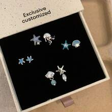 一对不对称海星贝壳耳环，百搭耳坠，奢华个性化设计，适合日常佩戴，礼品之选。 - 彩色 - 查看 2