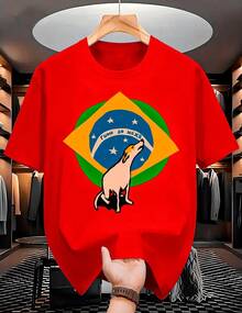 "Road To The Sixth Title" Brazil World Cup T-Shirt, Caramel Dog Design, Men's And Women's, 100% Cotton - 紅色 - 查看 2