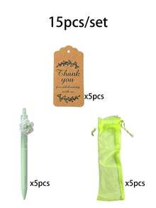 15pcs Green Jasmine Flower Theme Wedding Birthday Gift Pen Set, Including Transparent Gift Bag And "Thank You" Tag. Suitable For Student Stationery, Back To School Gifts, Party Favors, Small Item Storage And Holiday Gifts. Bridesmaid Gift - A - View 8