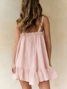 Women's Dresses Sleeveless Square Neck Button Front Ruffle A-Line Flowy Dress Mini Bubble Dress Solid Shirred Short Dress Summer Vacation Outfit - Hồng - Xem 2