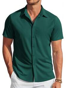 Men's Casual Non-Iron Shirt Short Sleeve Button Summer Stretch Formal Shirt - Hồ Xanh - Xem 5