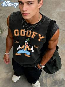Disney Officially Licensed Men's Sleeveless Graphic Tees, 100% Cotton,  EST.1932 Varsity Print, Washed 230g, Retro Vintage Crew Neck, Comfortable Casual Wear - 黑色 - 查看 1