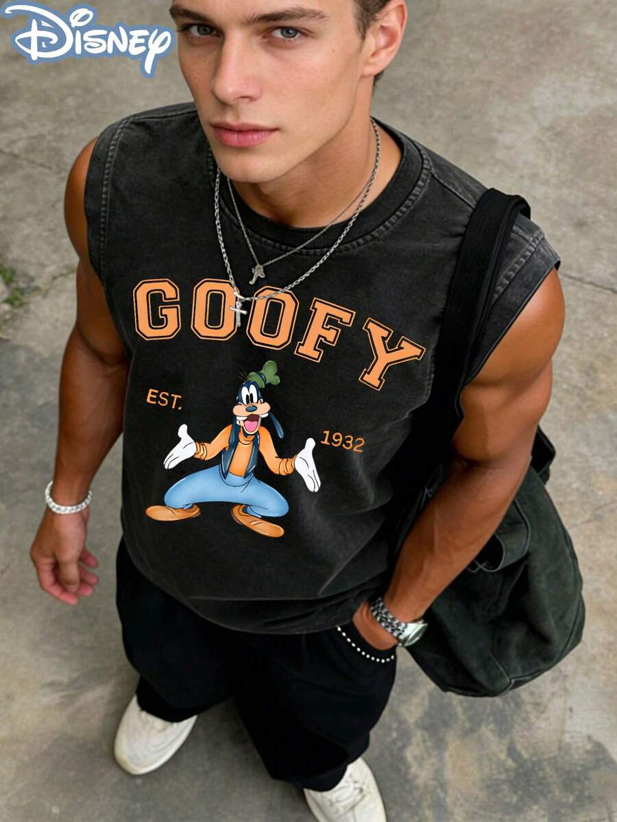 Disney Officially Licensed Men's Sleeveless Graphic Tees, 100% Cotton,  EST.1932 Varsity Print, Washed 230g, Retro Vintage Crew Neck, Comfortable Casual Wear - 黑色 - 查看 1