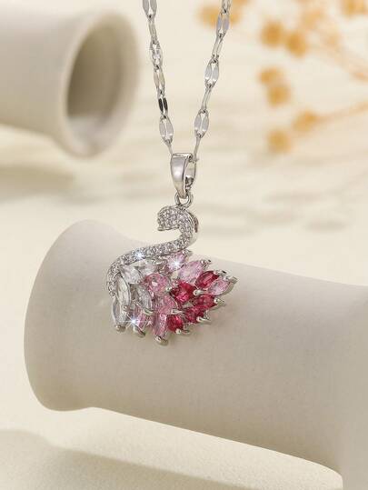 1pc Elegant Cubic Zirconia Colorful Swan Pendant Necklace, Suitable For Daily Wear, Dates, And Parties