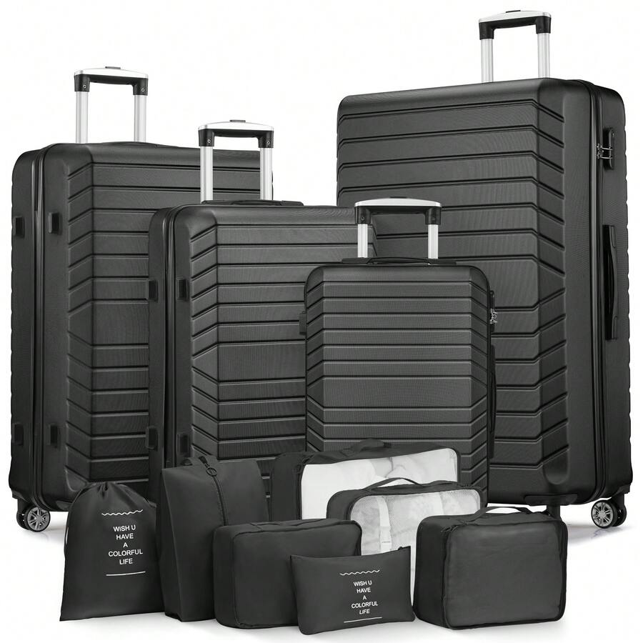 4-Piece Hardside Luggage Set (20/24/28/32 Inch) With 7 Packing Bags, Durable ABS Suitcases With Spinner Wheels,Combination Lock, Lightweight Large Capacity Travel Luggage Set For All Trips, Perfect For Family Vacations, Business Travels, Weekend Getaways, Summer Vacation, Cruise Trips,Back-To-School - 黑色 - 查看 1