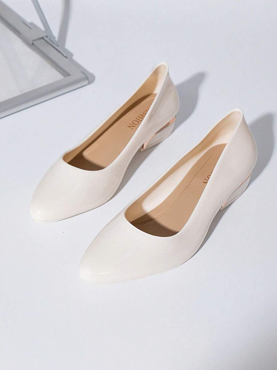 Tacones de punta fina con baño de oro mate para mujer, tacón grueso versátil, suela blanda, bajo escote, elegante y retro, adecuados para uso de oficina en primavera y verano, cómodos para pies anchos, fáciles de poner - Blanco - Ver 1