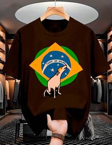 "Road To The Sixth Title" Brazil World Cup T-Shirt, Caramel Dog Design, Men's And Women's, 100% Cotton - 鏽棕色 - 查看 2