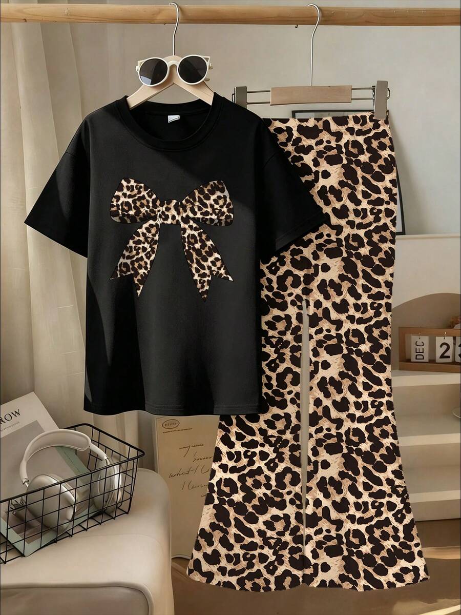 2pcs/Set Girls Casual Outfit, Bow Print Short Sleeve T-Shirt + Leopard Print Flare Pants, Comfortable And Soft, Suitable For Summer - Multicolor - View 1