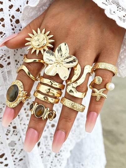 Set de 10 anillos apilables simples y de moda con diseños vintage de moneda, estrella de mar, girasol, floral y perla falsa, adecuados para mujeres, hermanas, parejas, verano, citas, fiestas, bodas, regalos para mamá, amigos