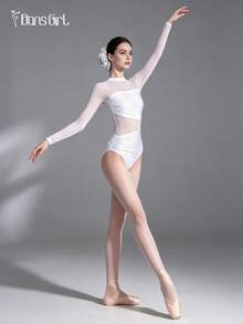 DonsGirl 1 bộ áo liền quần ba lê bất đối xứng dành cho nữ - Chất liệu Lycra đính sequin và vải lưới với thiết kế xếp ly, bộ jumpsuit đa năng. - trắng - Xem 8