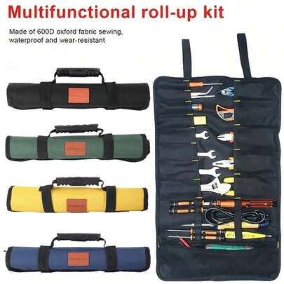 1pc Multi-Functional Roll-Up Tool Storage Bag, Thick Oxford Cloth Durable Tool Pouch With 23 Pockets & Compartments, Zipper Pockets, Carrying Handle, Elastic Straps For Organized Storage, Large Capacity Hardware Tool Bag