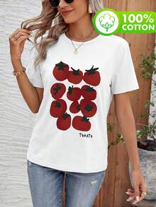Áo thun cổ tròn tay ngắn đơn giản dành cho nữ, được làm từ chất liệu cotton nguyên chất mềm mại và thoáng khí. Kiểu dáng vừa vặn, dễ mặc hàng ngày, với họa tiết cà chua phẳng. Thích hợp cho đi làm, đi học và những buổi đi chơi thường ngày vào mùa xuân, hè và thu. Màu trắng. - trắng - Xem 1