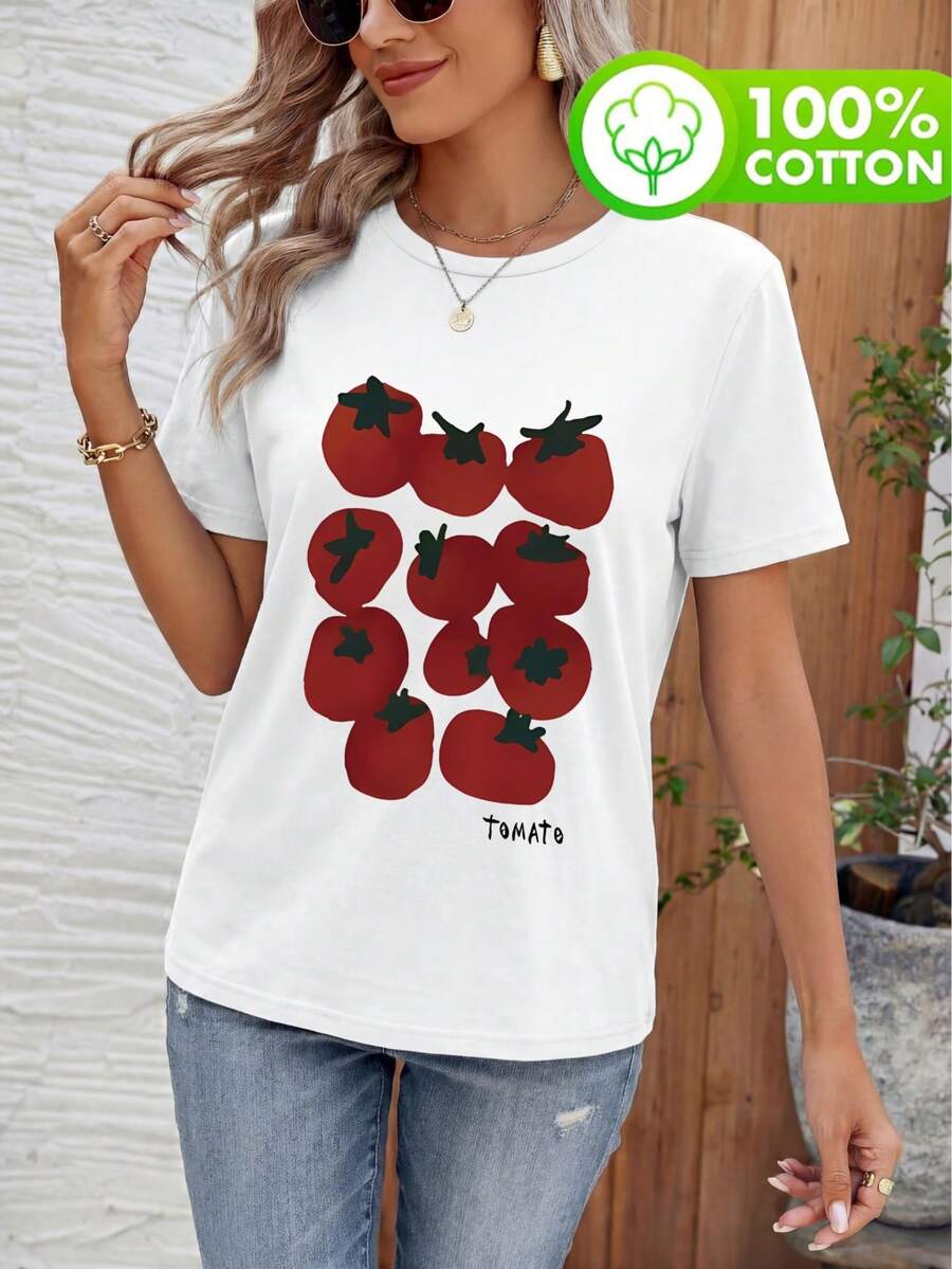 Áo thun cổ tròn tay ngắn đơn giản dành cho nữ, được làm từ chất liệu cotton nguyên chất mềm mại và thoáng khí. Kiểu dáng vừa vặn, dễ mặc hàng ngày, với họa tiết cà chua phẳng. Thích hợp cho đi làm, đi học và những buổi đi chơi thường ngày vào mùa xuân, hè và thu. Màu trắng. - trắng - Xem 1