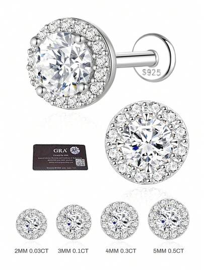 EleRunis 1 viên Moissanite 0.03CT-0.5CT bằng bạc Sterling 925, màu D cổ điển, hình tròn không màu, mạ vàng 18K, mặt phẳng, thích hợp cho xỏ khuyên sụn tai, vành tai, trang sức cao cấp, đính hôn, cưới, trang sức cô dâu.