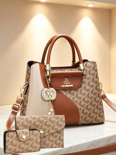 3Pcs Women's Handbag Set - Monogram Print Tote Bag + Crossbody Shoulder Bag + Card Holder, Elegant PU Leather Top Handle Purse With Pendant