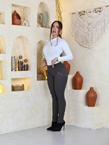Women's Riding Pants, High Waist, Ribbed, With Gorgurinho Detail - Grey - View 2