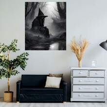 1 pieza de Arte Mural con Marco de Madera Sólida - Bruja Gótica en el Río Escena del Bosque Misterioso - Listo para Colgar Decoración para Sala de Estar, Dormitorio, Baño, Cocina - Regalo Festivo para Halloween, Navidad, Día de la Madre, Decoración Gótica - Enmarcado - Ver 5