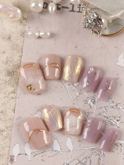 10 piezas de uñas postizas en colores rosa, blanco, púrpura con hilos dorados, incluye suministros para uñas, uñas postizas cortas, uñas artificiales, kit que incluye 1 hoja de pegatinas adhesivas y 1 lima pequeña