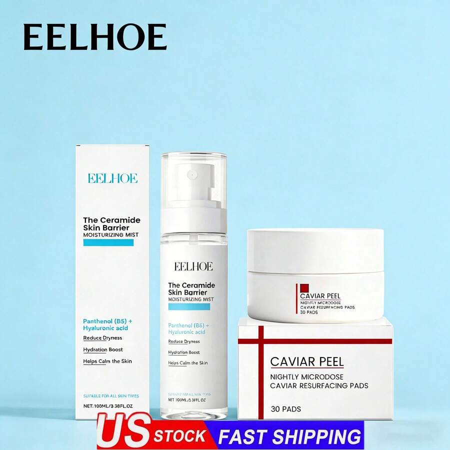 EELHOE Ceramide Skin Barrier Mist & Caviar Resurfacing Pads 2-Piece Skincare Duo – Daytime Hydrating Spray With Panthenol & Hyaluronic Acid Soothes Irritation, Repairs Barrier & Locks Moisture For Makeup Prep | Nighttime Exfoliating Pads Remove Blackheads, Slough Dead Skin & Nourish | Synergistic Day-Night Routine For Radiant, Smooth Skin, Suitable For All Skin Types - Hydrating Spray+Pads - 查看 1