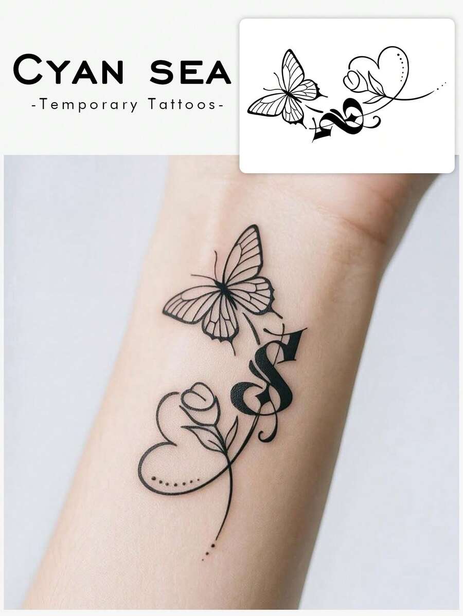 1pc Sticker, Line Art Butterfly, Rose, Letter S, Heart, Wrist, Temporary Tattoo Sticker, Suitable For Arms, Abdomen Non-Reflective, Realistic Tattoo, Suitable For People, Daily Use, Lasts3-5Days - Black - View 1