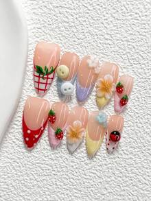 10Pcs Pastoral And Playful Style Handmade Nail Art Set,Unghie Press On,Little Flower, Little Pig's Nose Nail Art Accessories,Hand Sculpted Five Petal Flowers, Strawberries And Bugs Nail Art Decorations,Red, White, Purple, Blue, Yellow, Pink And Green Nail Polish,Fresh And Stylish Style,Comes With Nail Tools(1 Sheets Jelly Stickers+1PC Nail File)3 Sizes Available,Almond Nails, Duck Nails,Coffin Nails,Suitable For Reunion,Daily,Party,Photograph,Play,Spring Summer,Commute Supplies Nails - 彩色 - 查看 3