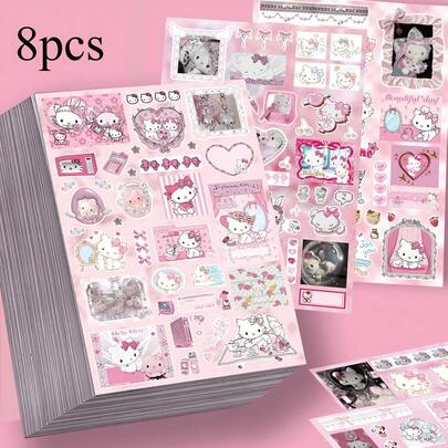  8pcs Sanrio Cute Kitty Sticker Sheets, High-Quality Adorable Pink Tone Scrapbooking Stickers, Waterproof Decorative Stickers