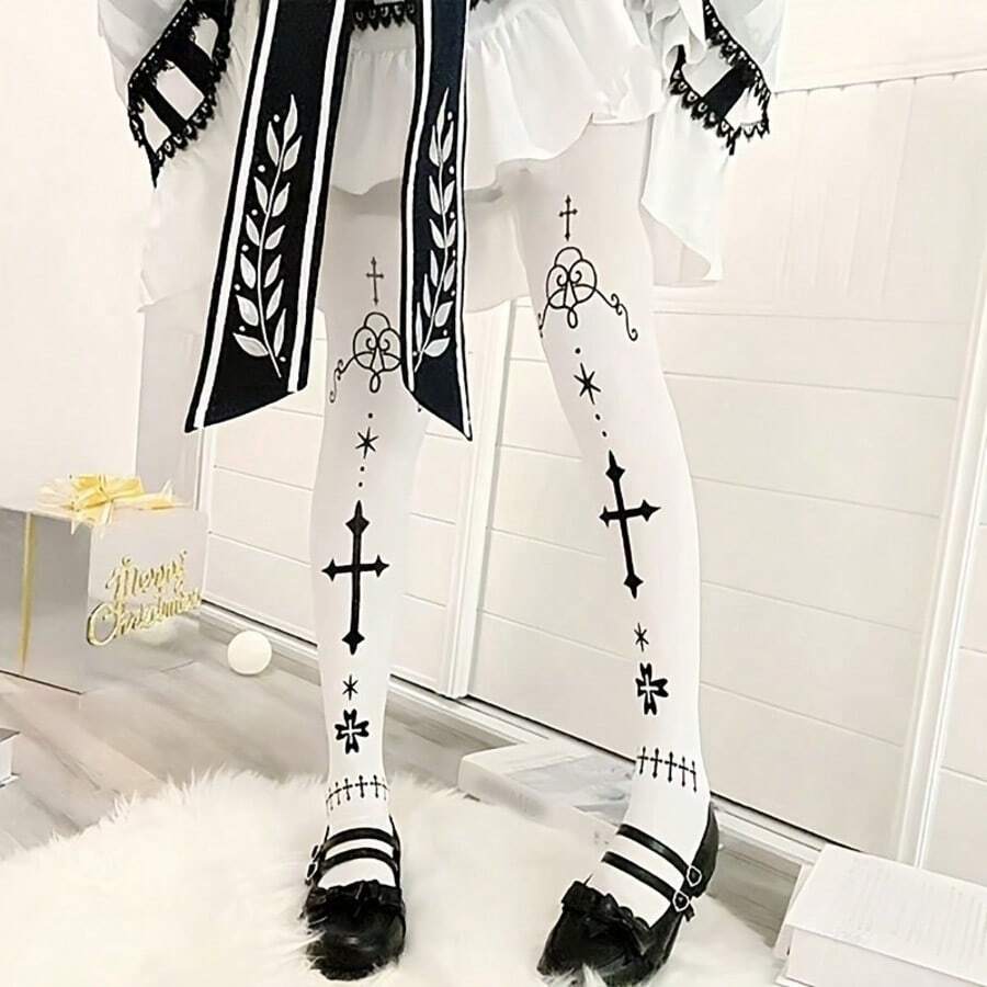 1Pair Of Spring And Summer Fashionable, Beautiful, And Uniquely Printed High-Waisted Over-The-Knee Women's Socks, Lightweight, Soft, And Snug-Fitting - Multicolor - View 1