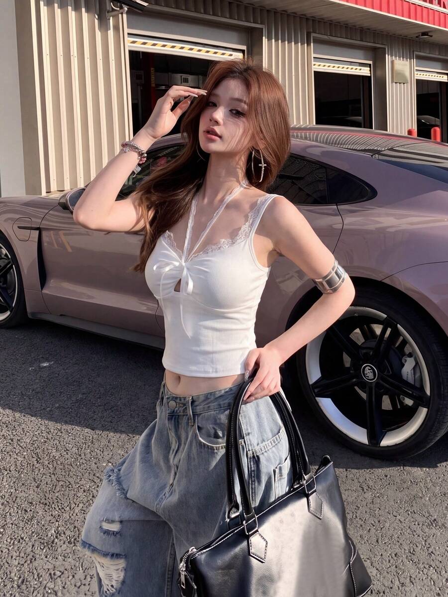 法式优雅白色蕾丝加垫吊带背心,女士休闲夏季打底背心 - 白色 - 查看 1
