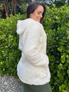 Women's Teddy Animal Print Hooded Jacket – Leopard Style With Fur Pockets - Everyday Wear - 白色 - 查看 2
