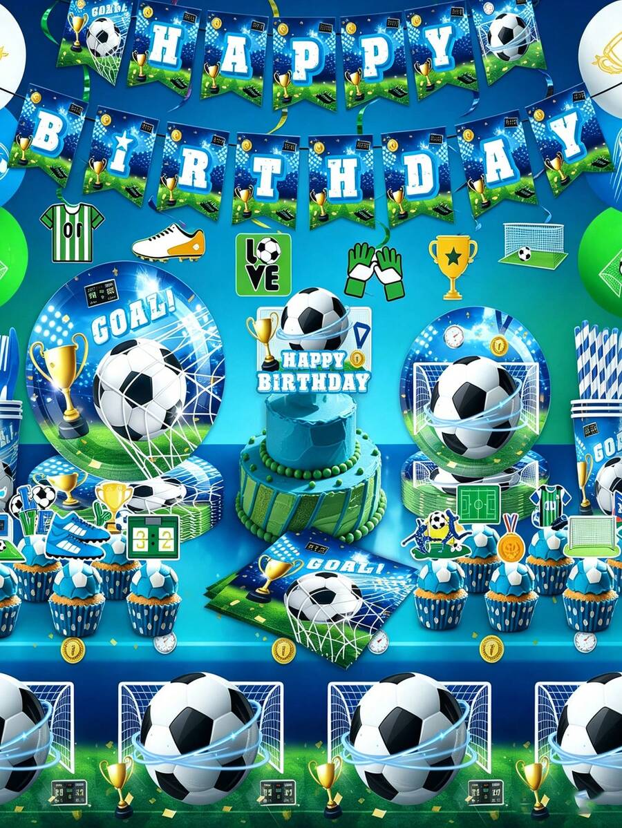 Football Birthday Party Decorations, Including Plates, Napkins, Cups, Tablecloth, Cake Toppers, Honeycomb Balloons, Suitable For 24 People