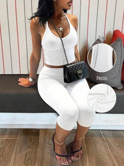 LovelyWholesale Women's Casual V-Neck Knit Vest Paired With Slim Fit Capri Pants Set, Solid Color Summer Outfit White