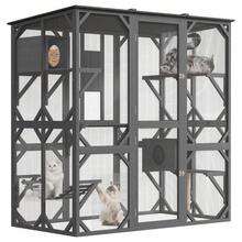 Amplio recinto exterior de madera para gatos y pequeños animales – Acceso para caminar, techo de asfalto impermeable, conexión a ventana, diseño multinivel con puente, poste rascador, hamaca, 4 plataformas, 2 cajas de descanso, resistente a los rayos UV y a la intemperie – Ideal para el patio - Gris - Ver 1