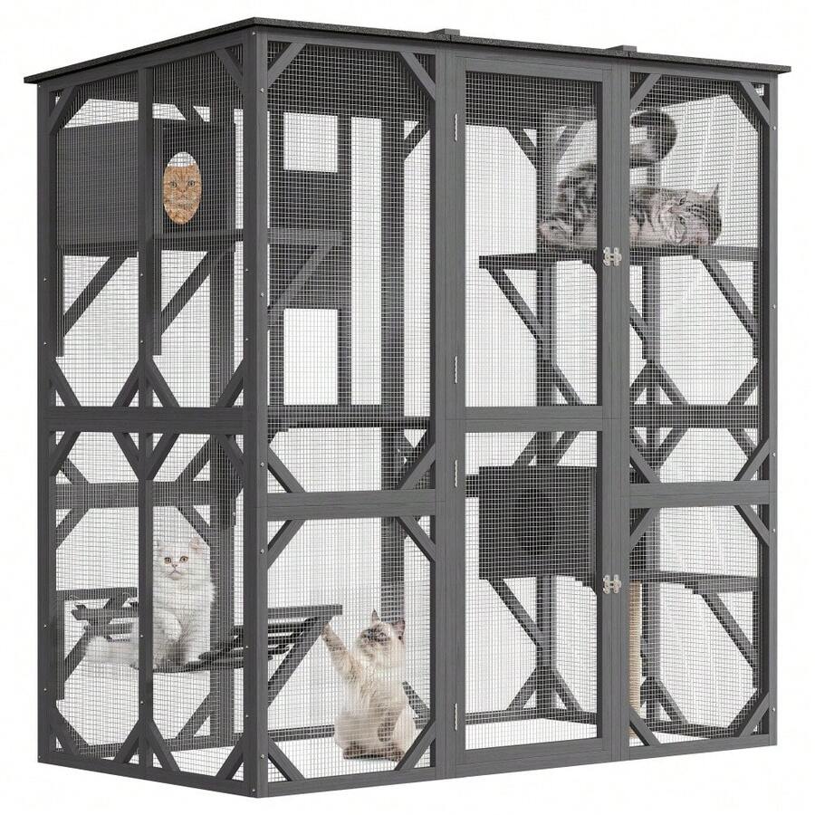 Amplio recinto exterior de madera para gatos y pequeños animales – Acceso para caminar, techo de asfalto impermeable, conexión a ventana, diseño multinivel con puente, poste rascador, hamaca, 4 plataformas, 2 cajas de descanso, resistente a los rayos UV y a la intemperie – Ideal para el patio - Gris - Ver 1