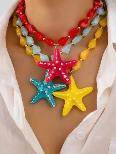 1件海洋风多巴胺亚克力海星吊坠项链，适合女士夏季海滩、派对佩戴