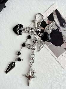 哥特风心形翅膀钥匙扣，手机耳机包挂饰，可爱猫咪钥匙圈 - 黑色 - 查看 1