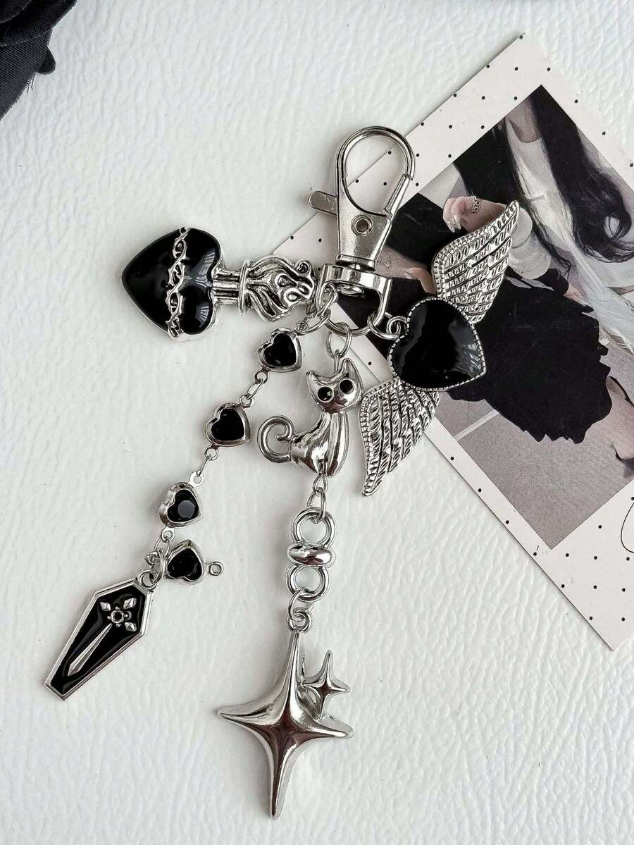 哥特风心形翅膀钥匙扣，手机耳机包挂饰，可爱猫咪钥匙圈 - 黑色 - 查看 1