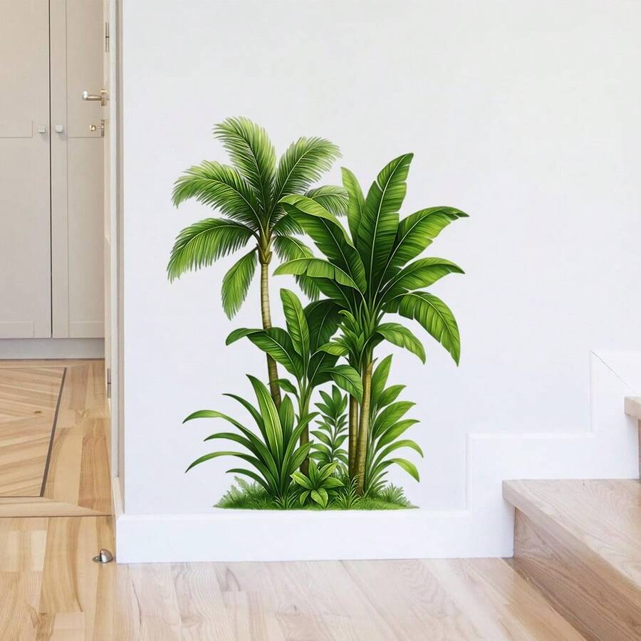 热带绿色植物、棕榈树和龟背竹叶,墙贴,可移除自粘防水PVC贴纸,适用于卧室、客厅、办公室和家居装饰。 - 牆貼 - 查看 1