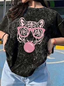 Camiseta de mujer de manga corta con cuello redondo y estampado de tigre, de verano, informal, holgada y versátil, de uso diario estiloso en color negro - Negro - Ver 11