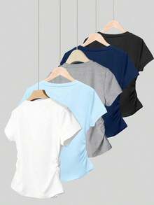 Set de 5 camisetas de manga corta ajustadas con cintura ceñida para mujer, versátiles para el verano - Multicolor 3 - Ver 2