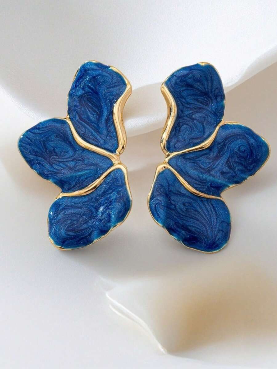 1 Pair Gold Metal Leaf Earrings, Suitable For All Occasions - Dark Blue - View 1