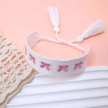 1 Stück handgefertigtes Schleifen-Armband im Boho-Stil, geeignet als Festivalgeschenk, für Partys, Reisen und den Alltag - Weiss - Übersicht 4