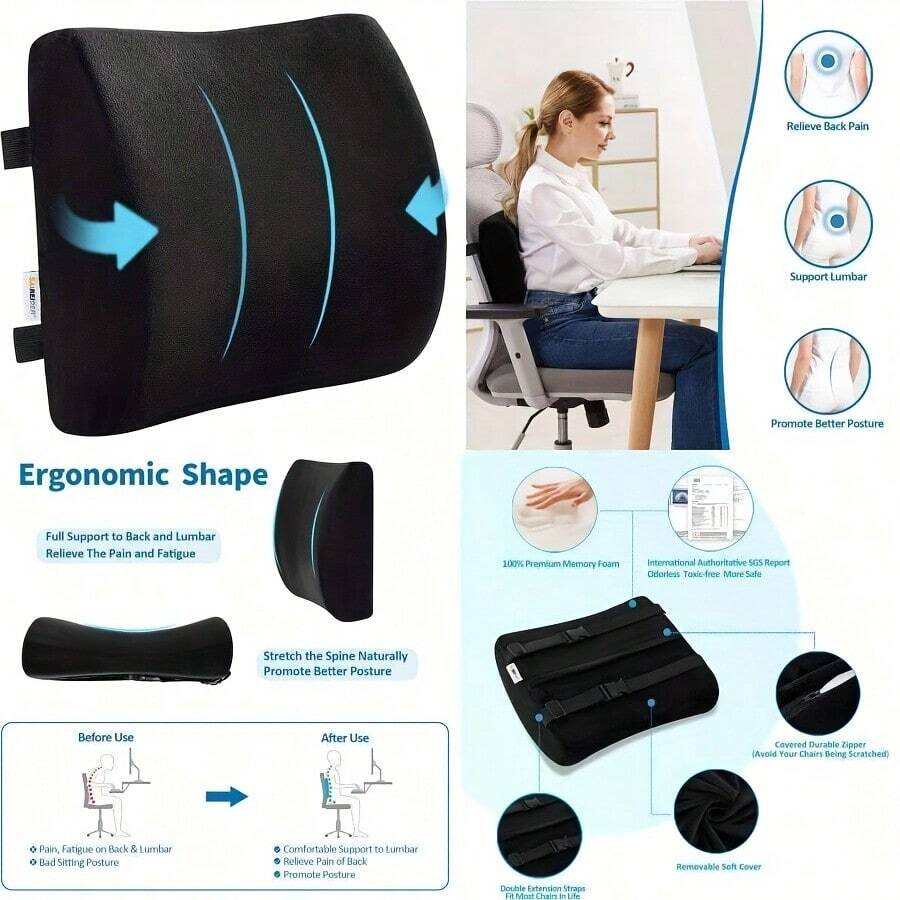 1 pieza Cojín de soporte lumbar de espuma de memoria con doble hebilla, alivia la fatiga de la cintura. Adecuado para oficina, hogar, conducción y otros escenarios. Cubierta desmontable y lavable. - 1PC - Ver 1
