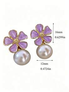 1 Coppia di orecchini vintage in stile francese minimalista con goccia d'olio viola e perla, adatti per l'uso quotidiano delle ragazze adolescenti - Viola - Visualizzare 5