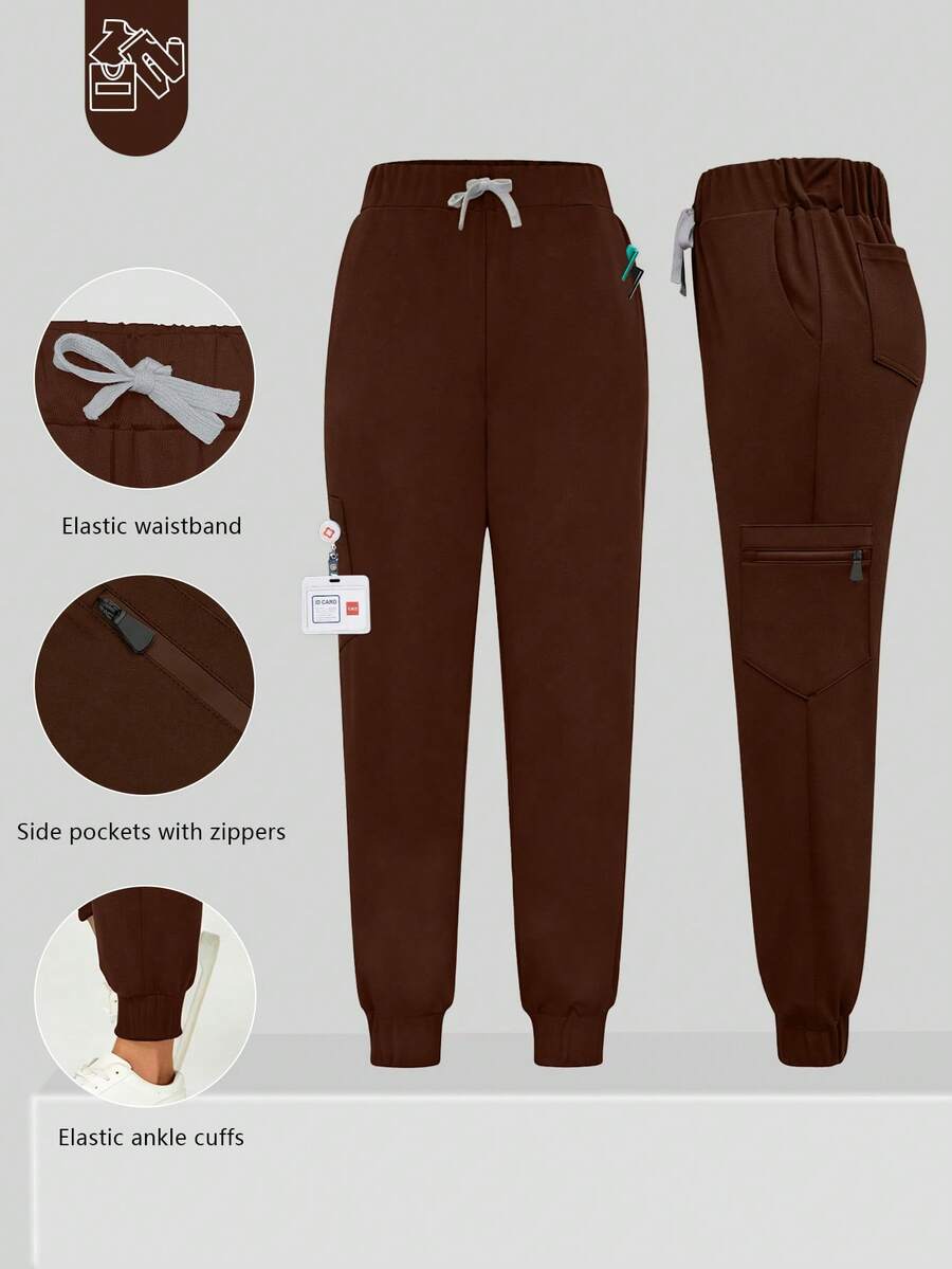 cimmuovere High-Waisted Slim-Fit Workwear - Multi-Pocket Design - Slim Breathable Pants - Side Zipper Pockets - Elastic Hem - Brown - View 1