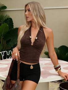 Women's New American Sexy Deep V-Neck, Backless Halter Crop Top, Fitted Hollow Out Casual Knit Vest Summer - Brown - View 4