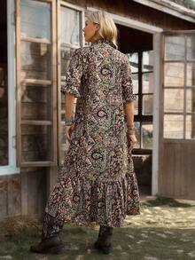 Vestido con mangas medias de estilo bohemio con estampado para mujeres, vestido largo holgado con volantes de estilo bohemio, vestido largo de mujer con estampado todo sobre, uso casual diario, primavera/otoño - Multicolor 3 - Ver 2